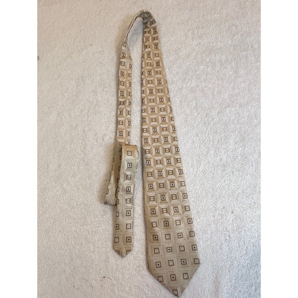 Paul Dione Mens Silk Tie Gold Tan Geometric Squares Extra Long XL 64 Inch